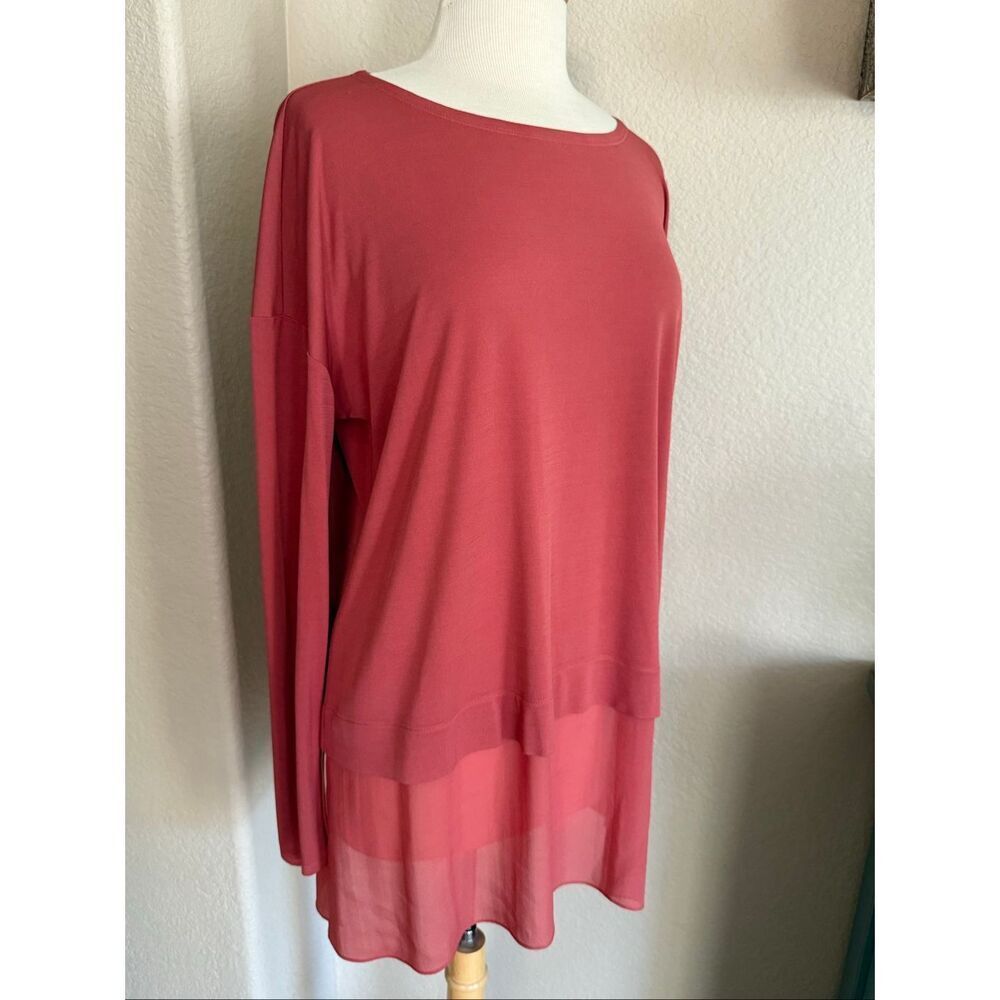 Eileen Fisher Womens  Stretch Silk Jersey Boxy Mixed Media Tunic Top Red Small